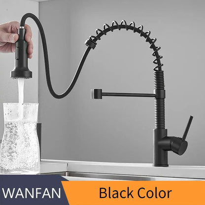 Matte black and brass kitchen faucet with pull out spring spout featuring a flexible coiled gooseneck spray head decorbites brush brass kitchen faucet