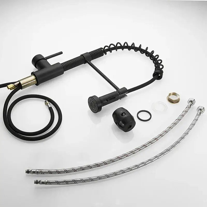 Matte black and brass kitchen faucet with pull out spring spout and stainless steel braided supply lines for decorbites brush brass kitchen use