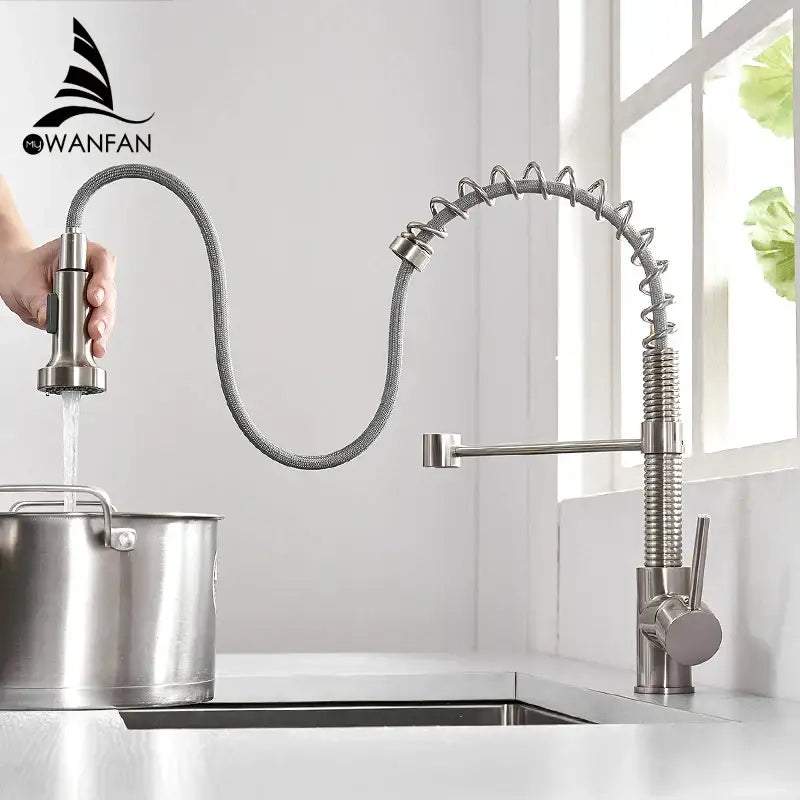 Matte black and brush brass kitchen faucet with pull down coiled spring spout for modern decorbites brush brass decor
