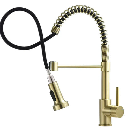 Matte black and brass kitchen faucet with brass-finished flexible coiled hose and pull-down spray head decorbites brush brass kitchen