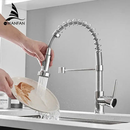 Shiny chrome kitchen faucet with flexible coiled spring hose and pull down spray head for decorbites brush brass style