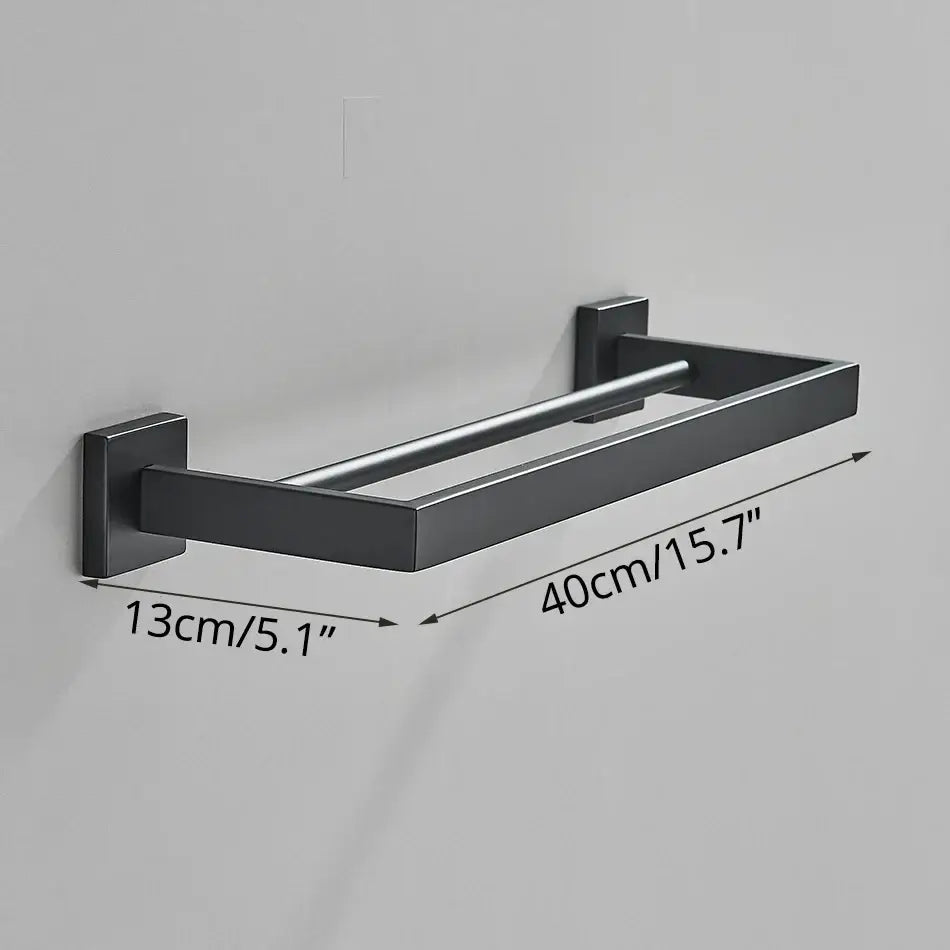 Modern matte black metal towel rack with sleek rectangular design and two bars from decorbites black bathroom accessories set