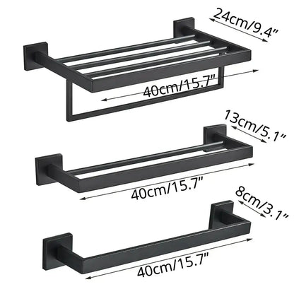 Set of three modern black matte metal towel racks in varying lengths from decorbites black bathroom accessories set