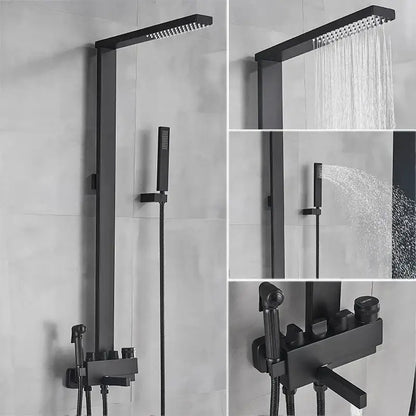 Matte black bathroom faucet shower system with rainfall column featuring black matte finish and integrated control panel