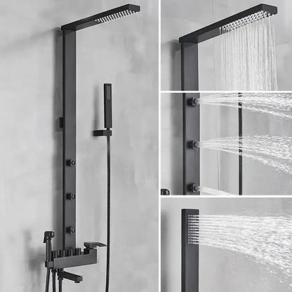 Matte black bathroom faucet shower system with rainfall column featuring black matte finish and handheld spray nozzle by decorbites