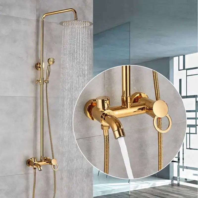 Matte black bathroom shower faucet with rainfall head and handheld spray featuring gold-finished brass rainhead and handles