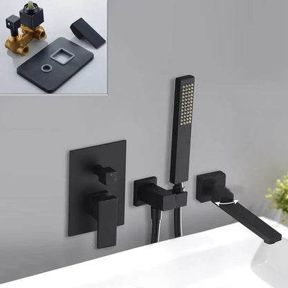 Matte black bathroom waterfall faucet set by decorbites with rectangular spout square handles and handheld showerhead