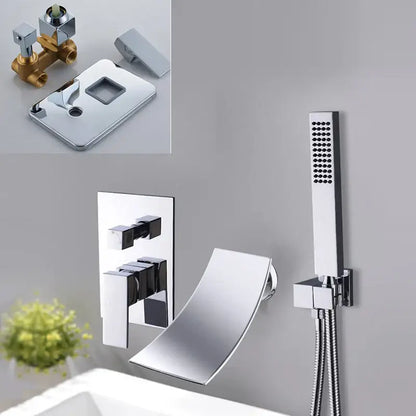 Modern chrome-finished wall-mounted bathtub faucet with sleek curved spout and rectangular panel for decorbites black bathroom
