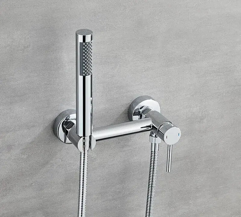 Matte black bidet faucet set with chrome-finished wall-mounted faucet and detachable handheld sprayer for bathroom use