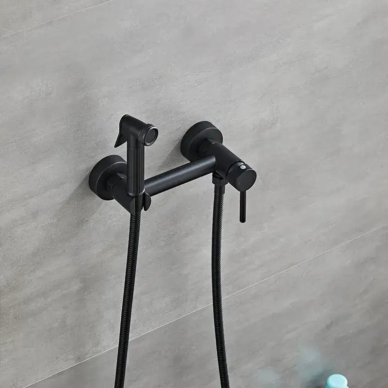 Matte black bidet faucet set with wall-mounted black matte shower faucet and integrated handheld sprayer with hose