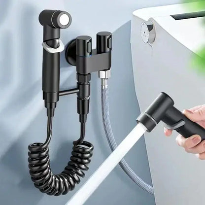 Matte black bidet spray set by decorbites featuring a black matte-finish sprayer with coiled hose and dual-nozzle attachment
