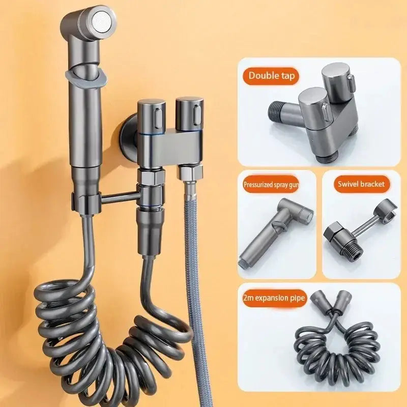 Modern matte black decorbites bidet spray set with coiled hose and dual tap assembly for bathroom use