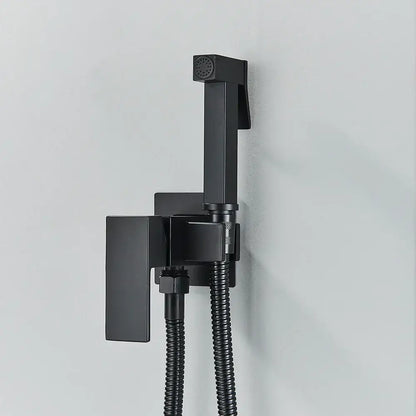 Matte black brass bidet faucet with handheld spray featuring a sleek rectangular design and flexible hose for bathroom use