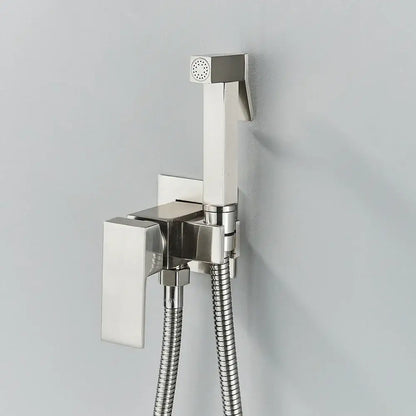 Matte black brass bidet faucet with sleek rectangular brushed stainless steel handheld spray and flexible hose for bathroom