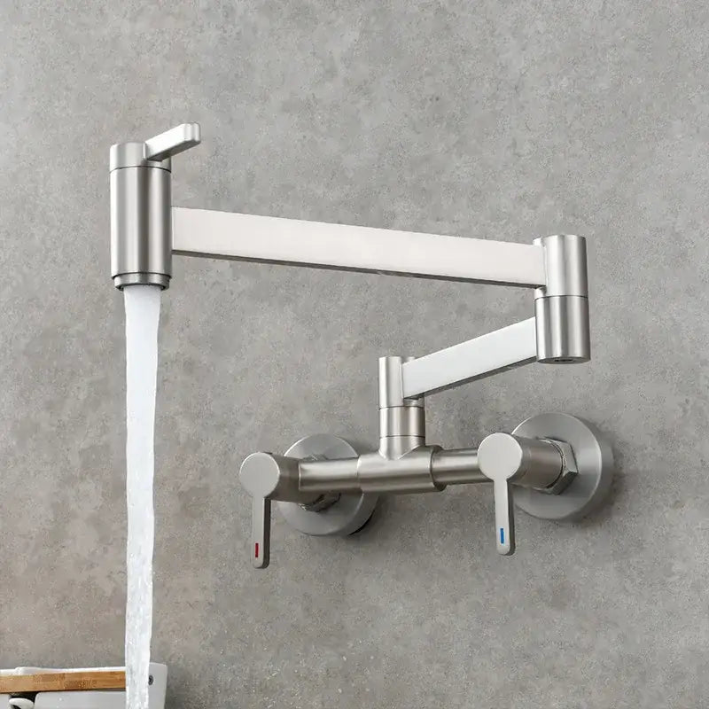 Matte black brass foldable pot filler tap kitchen wall faucet with articulated arms and dual handles stainless steel design