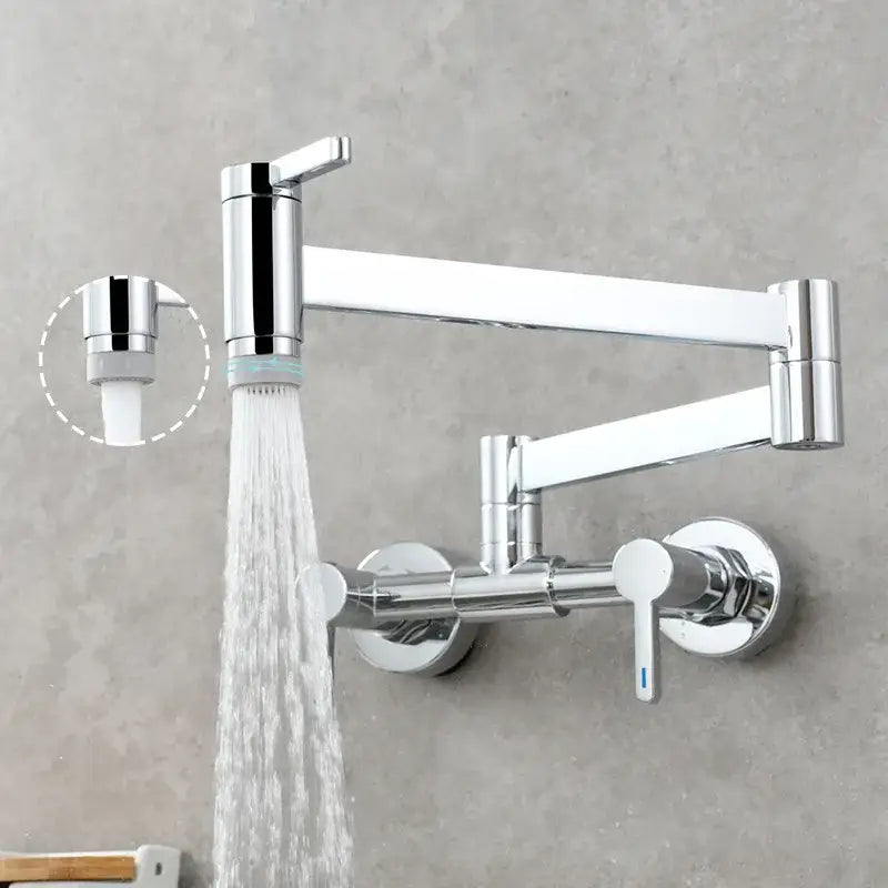 Chrome-finished articulated kitchen pot filler tap with dual handles for hot and cold water control in modern design