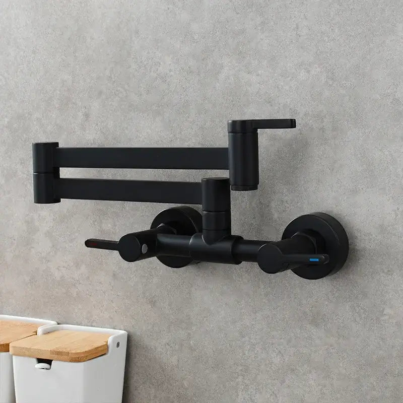Matte black brass foldable pot filler tap with dual handles and extendable design for modern kitchen use