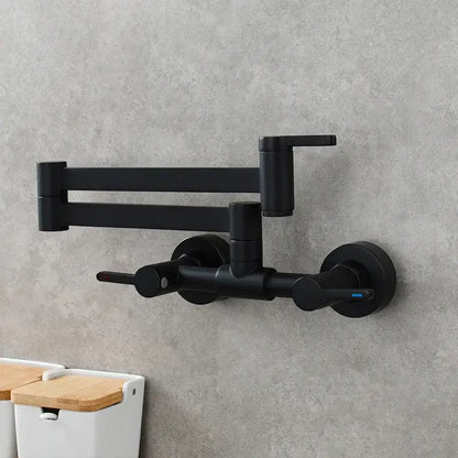 Matte black brass foldable pot filler tap with dual handles and extendable design for modern kitchen use