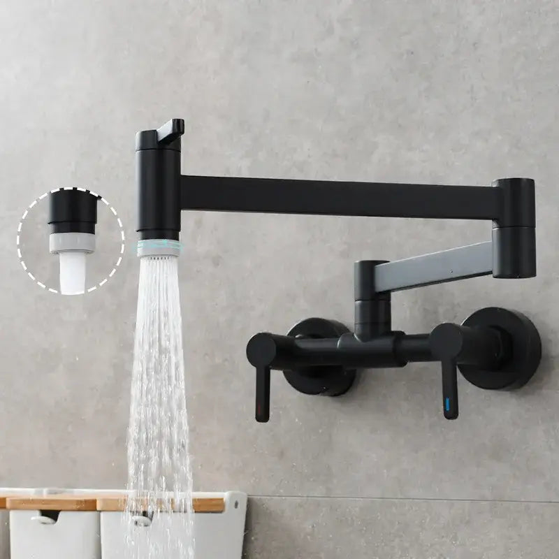 Matte black brass foldable pot filler tap kitchen wall faucet with flexible gooseneck spout and dual handles