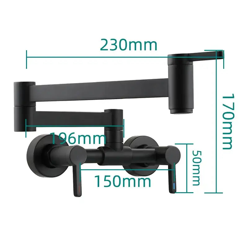 Matte black brass foldable kitchen wall faucet pot filler tap with articulated arm and dual handles for easy use