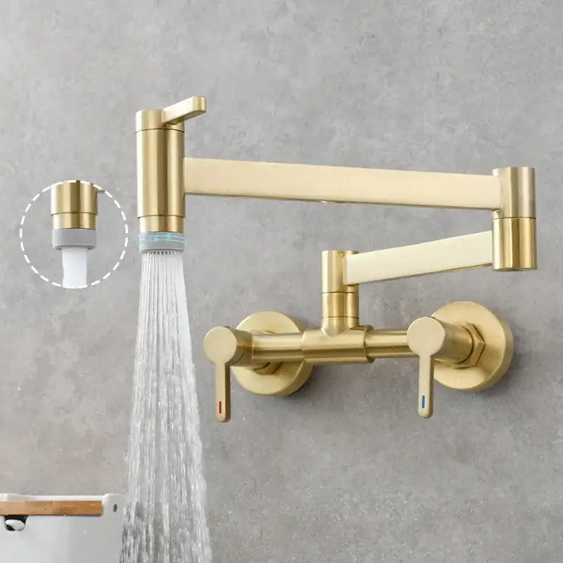 Matte black brass foldable pot filler tap with gold-colored extendable faucet and dual handles for hot and cold water control