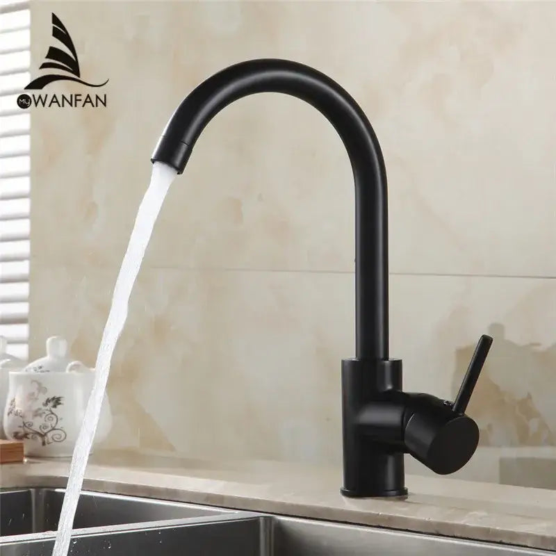 Matte black brass kitchen faucet with a sleek curved swivel spout and single lever handle by decorbites brass kitchen