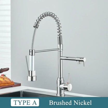 Matte black brass kitchen sink faucet with pull down sprayer and flexible coiled gooseneck spout for decorbites brass kitchen