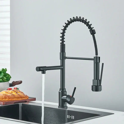 Matte black brass kitchen sink faucet with pull down sprayer featuring a coiled flexible spout for decorbites brass kitchen