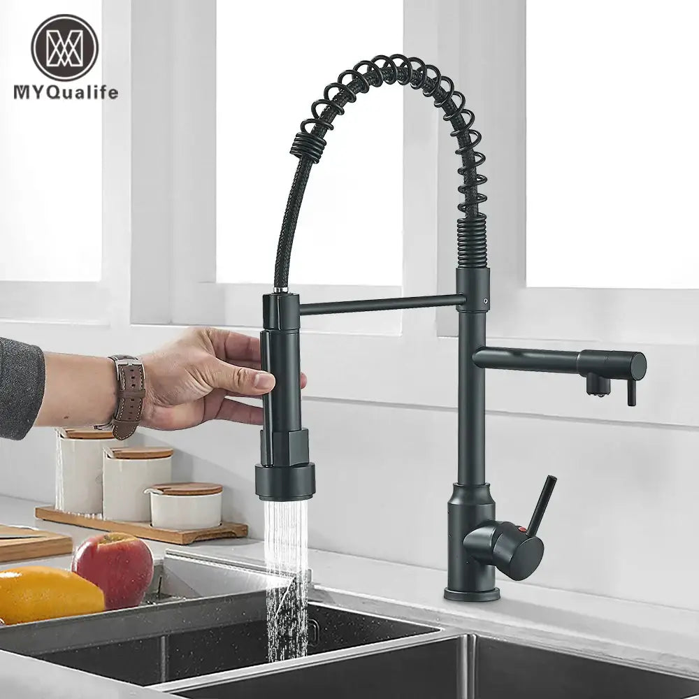 Matte black brass kitchen sink faucet with coiled spring spout and pull down sprayer by decorbites brass kitchen