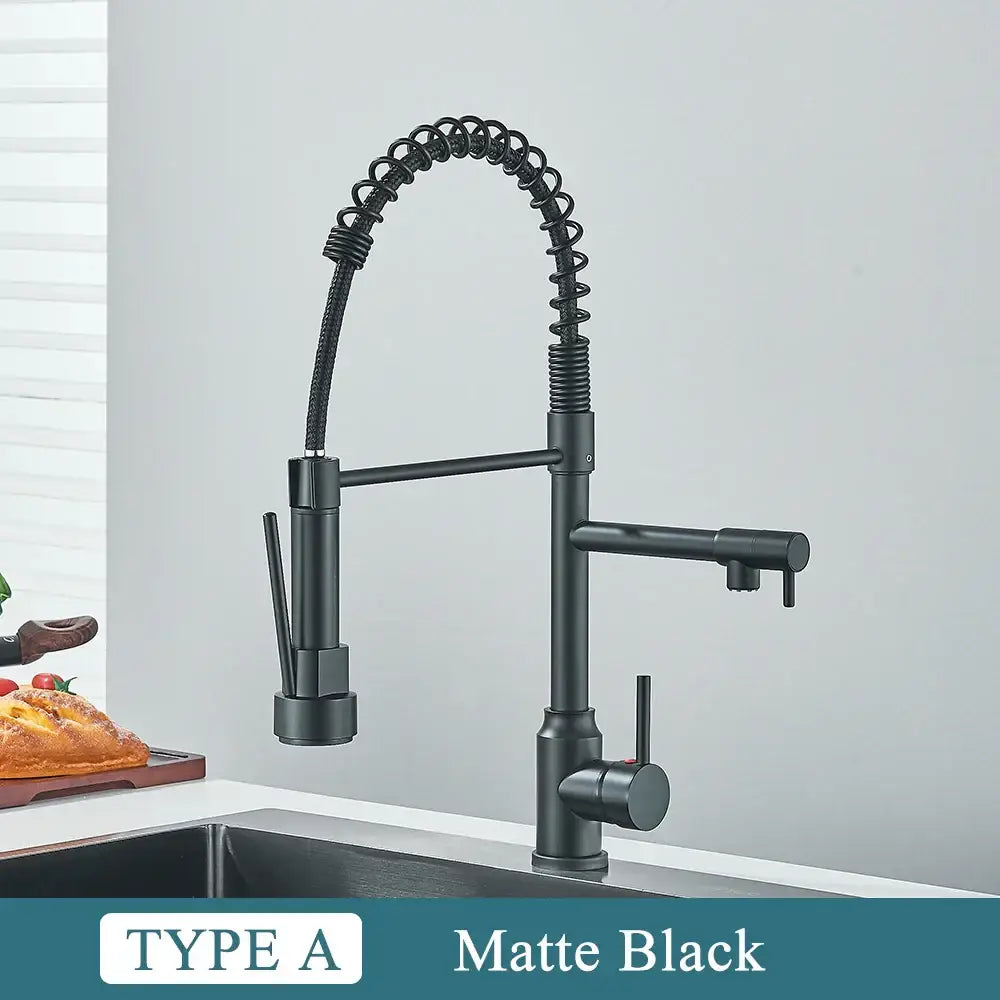 Matte black brass kitchen sink faucet with flexible coiled gooseneck spout and pull down sprayer decorbites brass kitchen