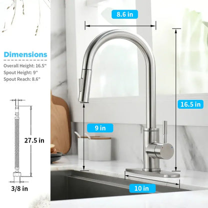 Matte black brass led kitchen faucet with stainless steel curved spout and pull-down spray head for efficient use