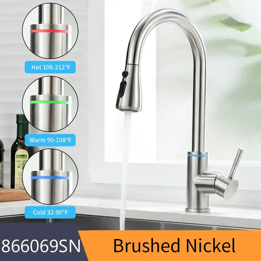 Matte black brass led kitchen faucet with color changing water tap and brushed nickel arched pull-down spray head