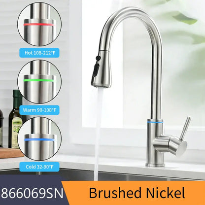 Matte black brass led kitchen faucet with color changing water tap and brushed nickel arched pull-down spray head