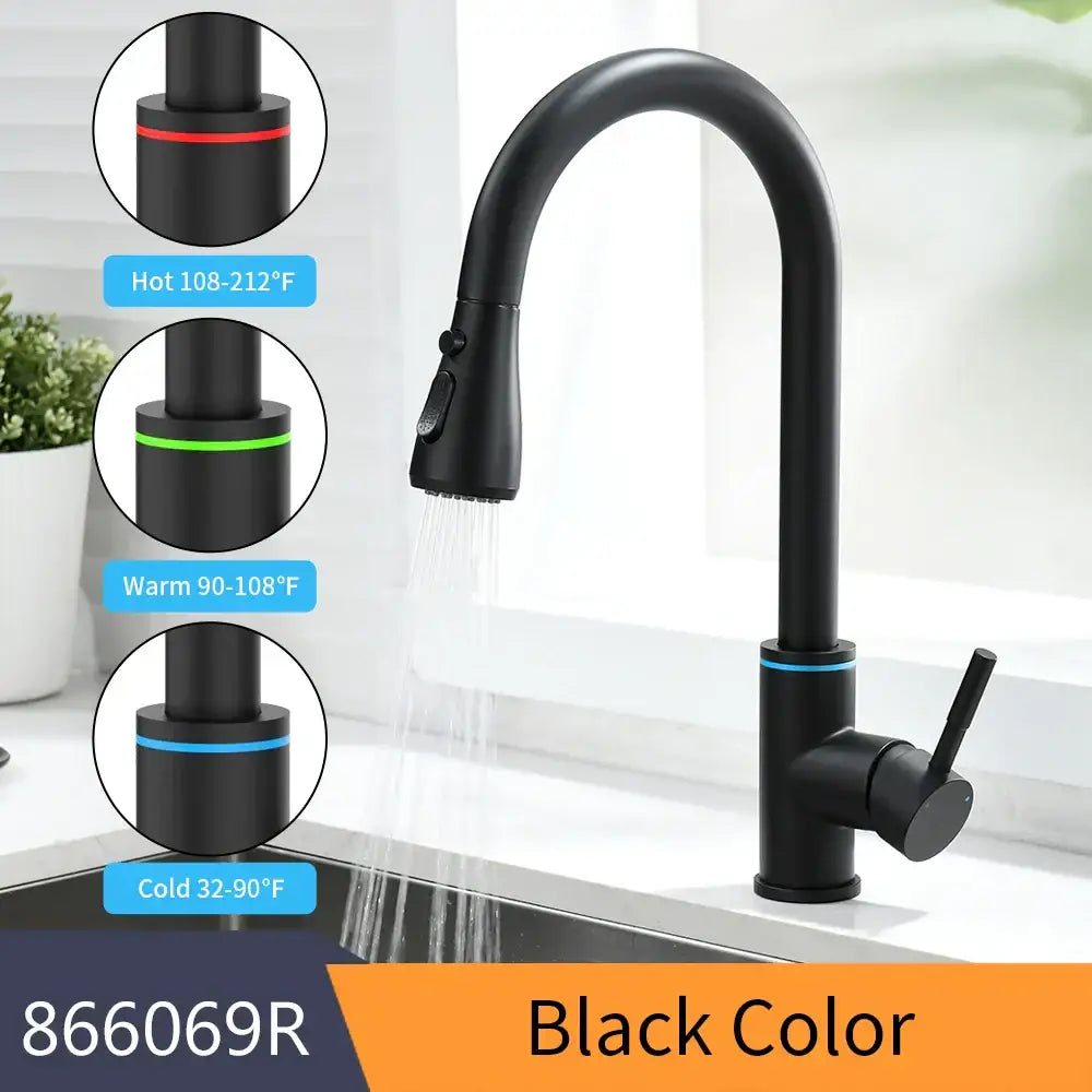 Matte black brass led kitchen faucet with a sleek curved spout and color changing temperature indicators on handle