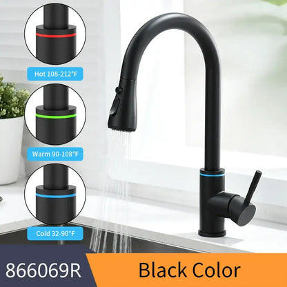 Matte black brass led kitchen faucet with a sleek curved spout and color changing temperature indicators on handle