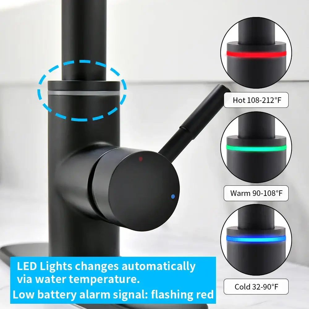 Matte black brass led kitchen faucet with color changing temperature indicator lights for precise water heat control