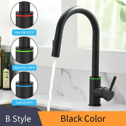 Matte black brass led kitchen faucet with color changing water tap and single lever handle in a sleek curved design