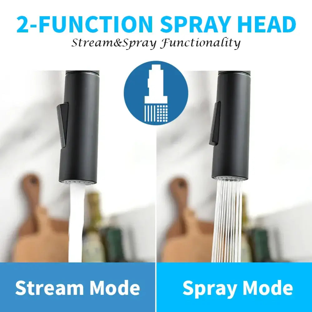 Matte black brass led kitchen faucet with 2-function spray head featuring stream and spray functionality