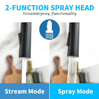 Matte black brass led kitchen faucet with 2-function spray head featuring stream and spray functionality
