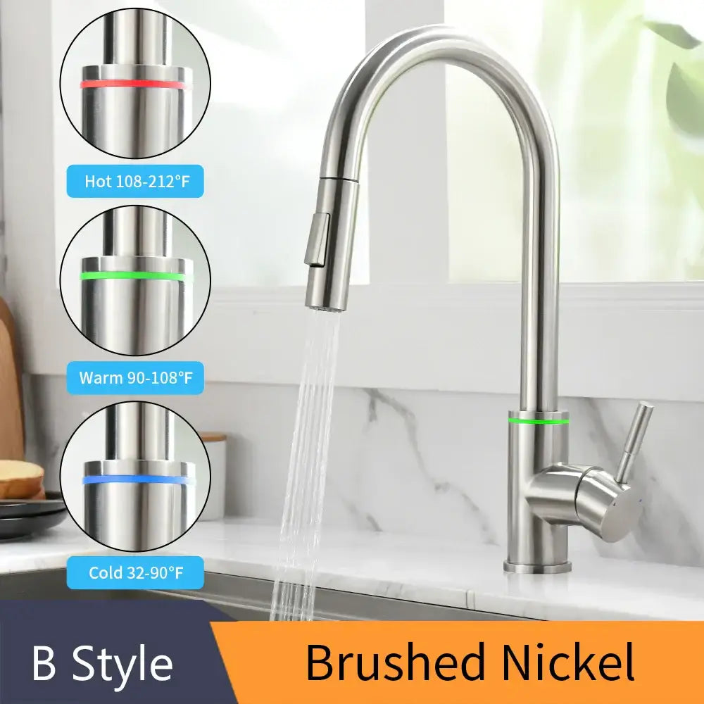 Matte black brass led kitchen faucet with color changing tap and brushed nickel arched pull-down spray head