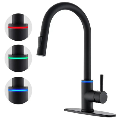 Matte black brass led kitchen faucet with curved spout and color changing red green and blue led lighting
