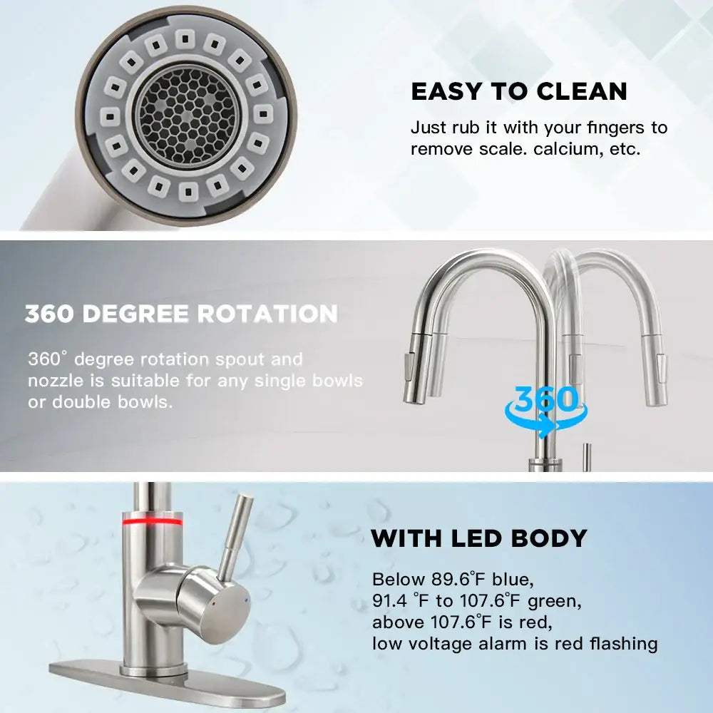 Matte black brass led kitchen faucet with 360-degree rotating spout and temperature indicator lighting for modern kitchens