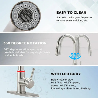 Matte black brass led kitchen faucet with 360-degree rotating spout and temperature indicator lighting for modern kitchens