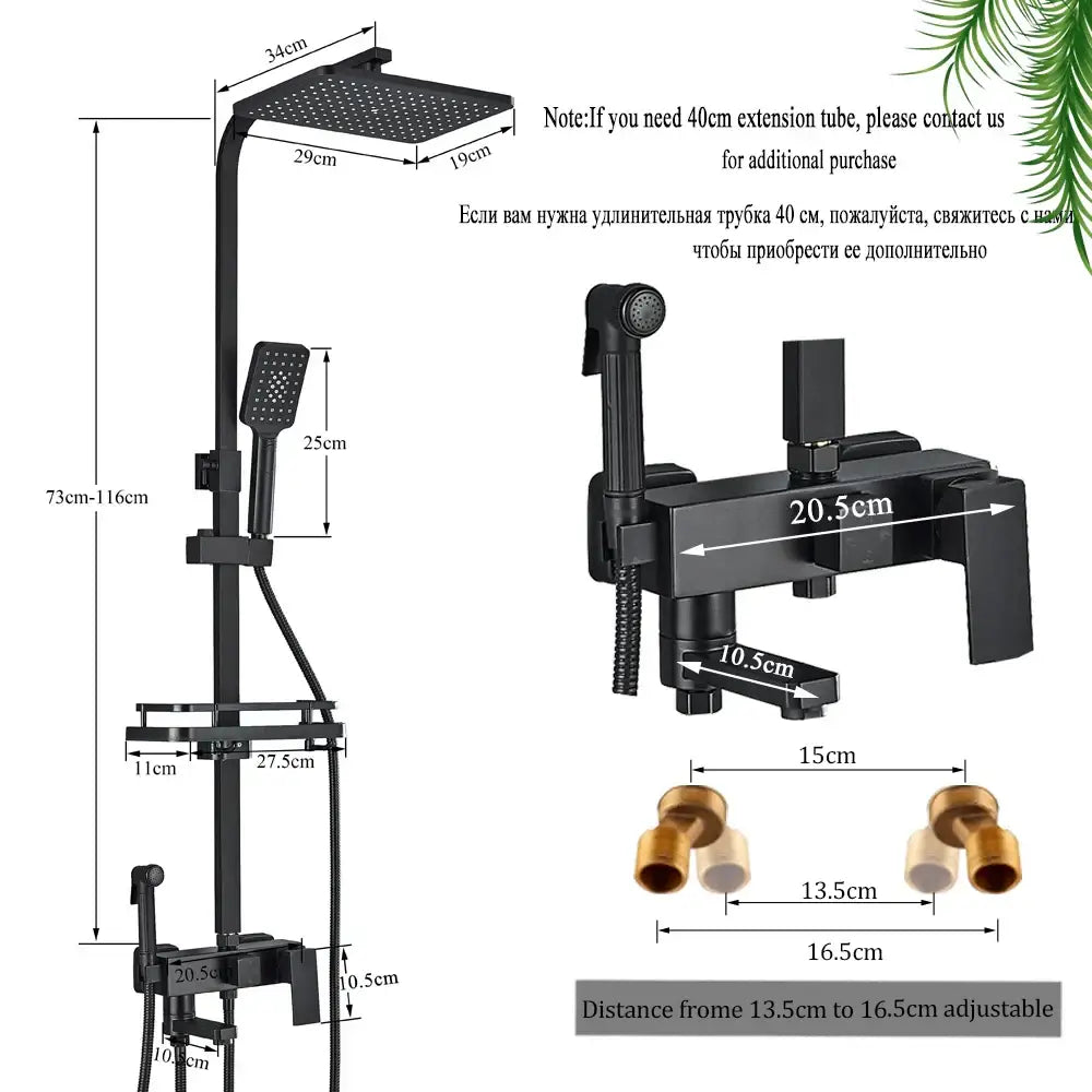 Matte black brass shower faucet set with square rainhead handheld spray and wall-mounted faucet for bathroom use