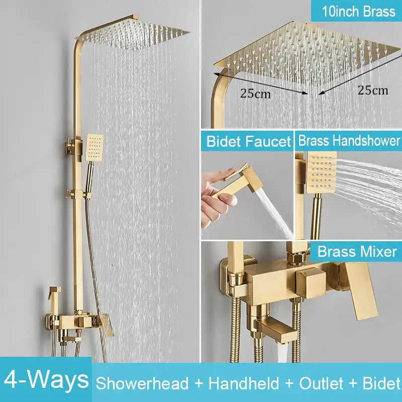 Gold-finished brass shower faucet set with square rainhead handheld sprayer and modern geometric mixer design