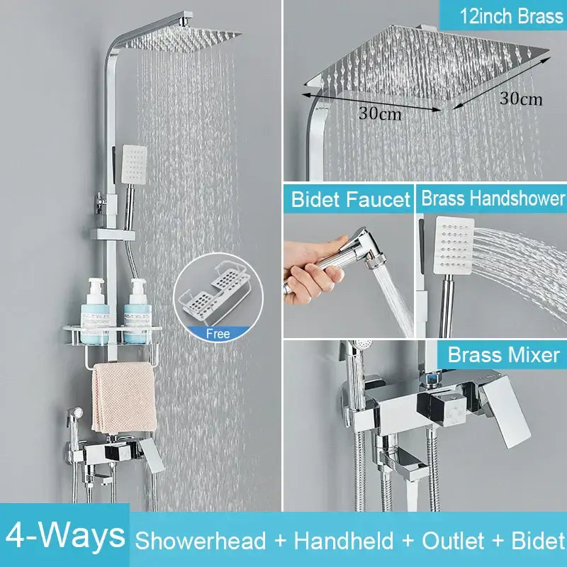 Matte black brass shower faucet set with 12-inch square rainfall showerhead featuring multiple spray settings