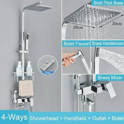 Matte black brass shower faucet set with chrome-finished 8-inch thick brass square showerhead and modern sleek design
