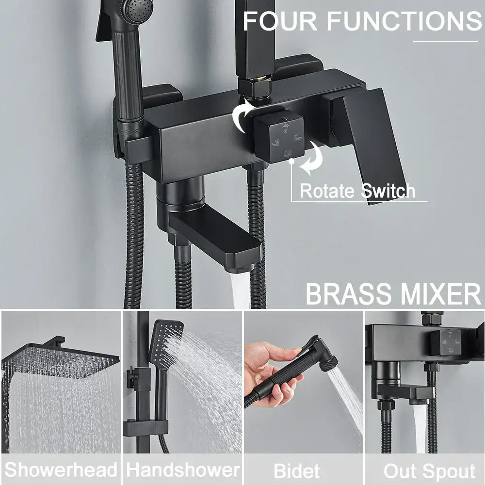 Matte black brass shower faucet set with four-function controls includes rainfall tap shelf handheld sprayer bidet nozzle and out spout