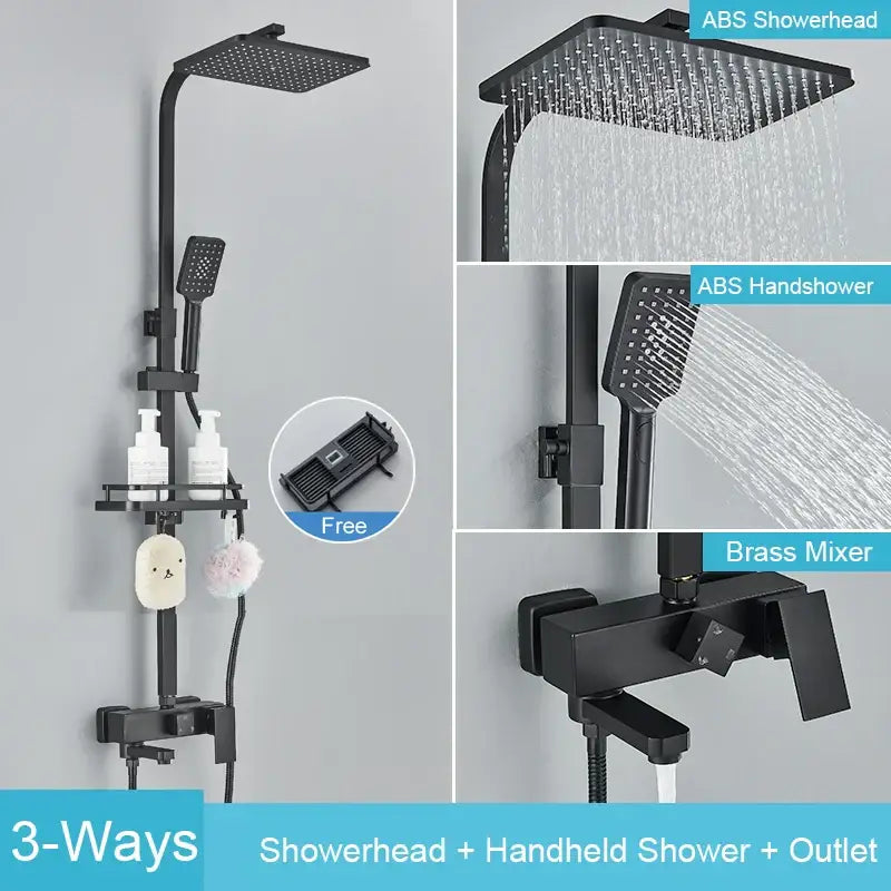 Matte black brass shower faucet set featuring a square grid-patterned abs showerhead for rainfall bathroom use