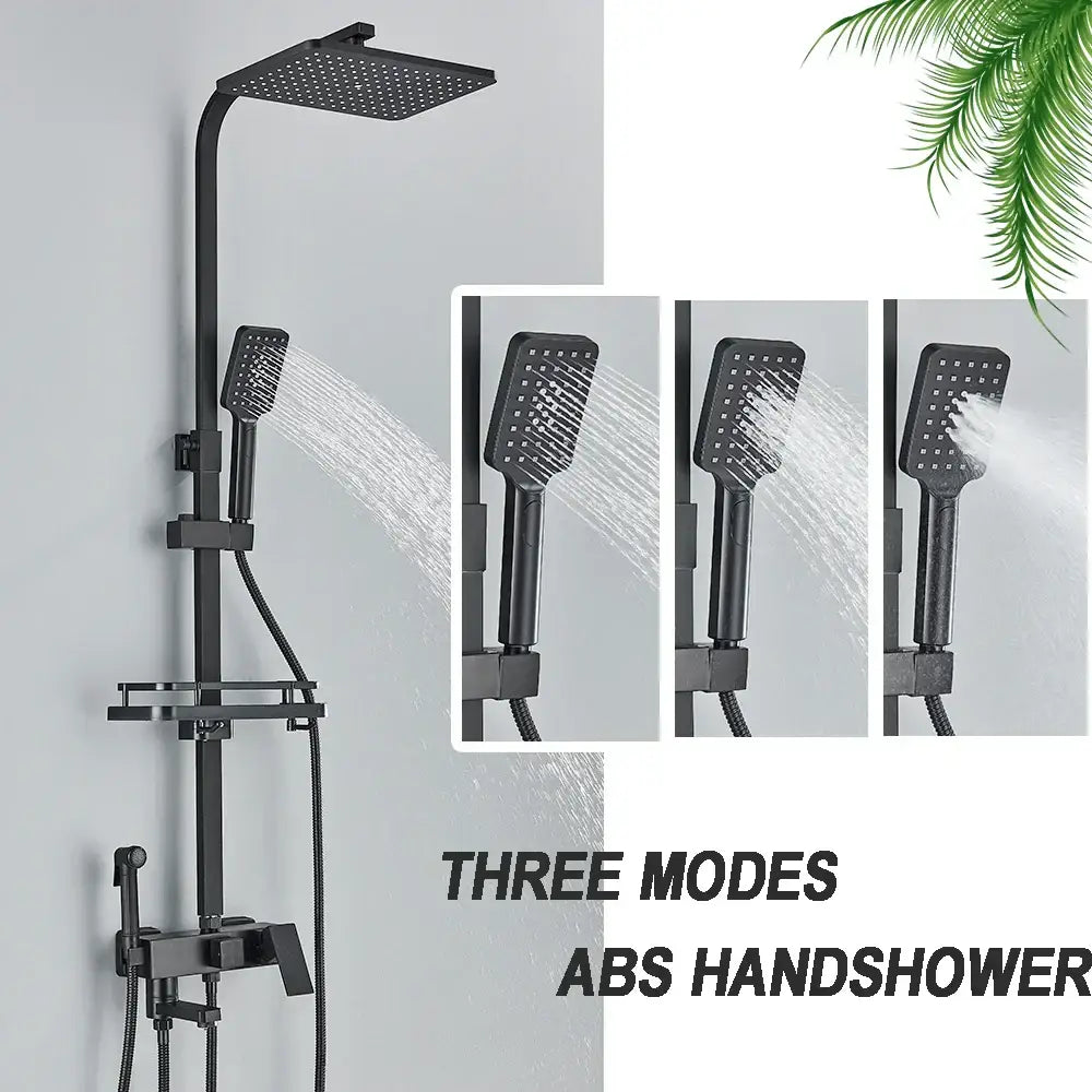 Matte black brass shower faucet set with shelf featuring a square rainhead handheld spray and three water modes shower faucet